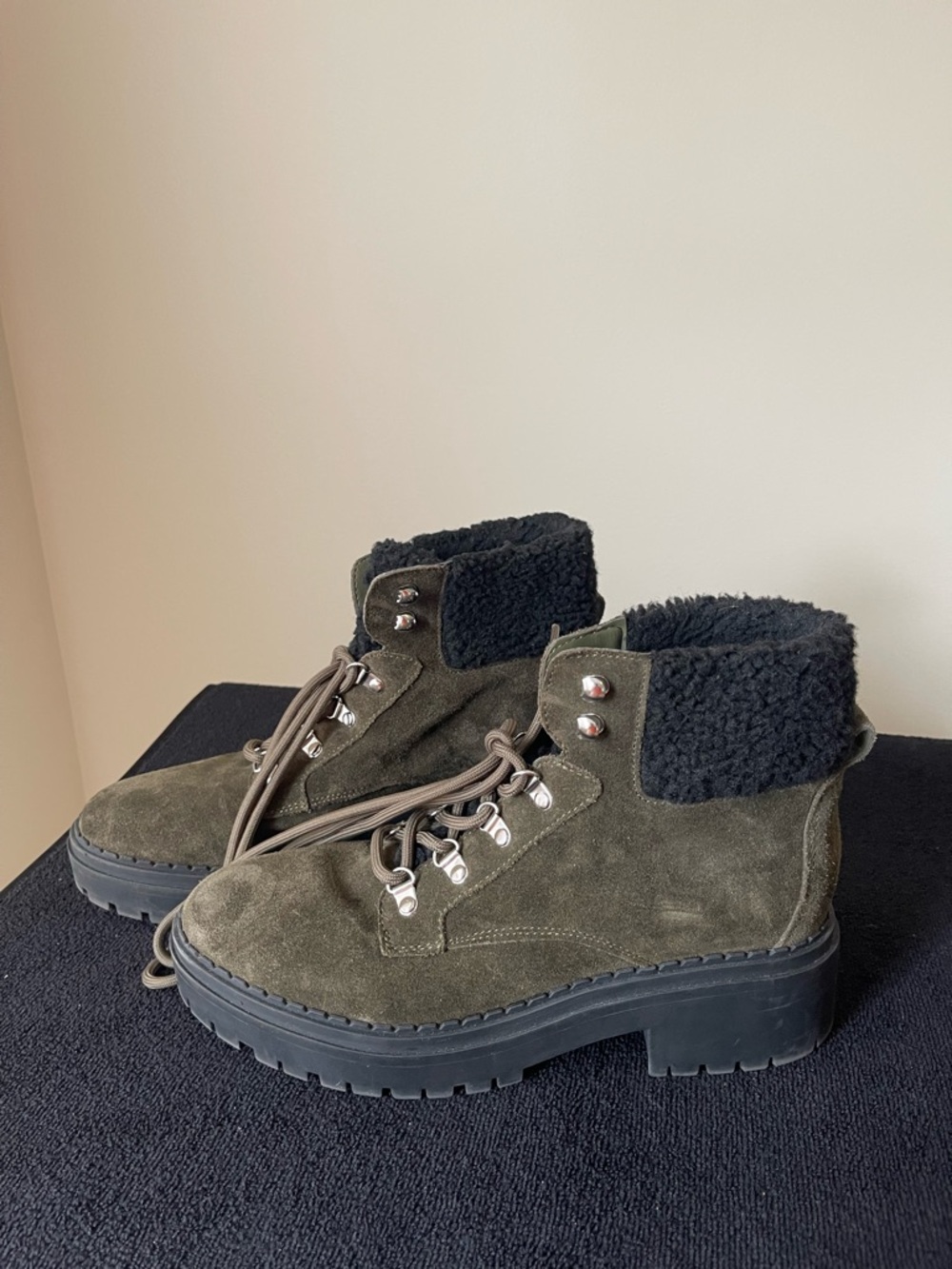 Marc Fisher Olive Suede Platform Combat Boot with Black Sherpa Collar
